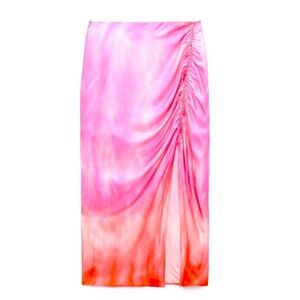 Zara Skirt Womans XS Midi Pencil Ruched Tie-Dye Gradient Pink With Slit